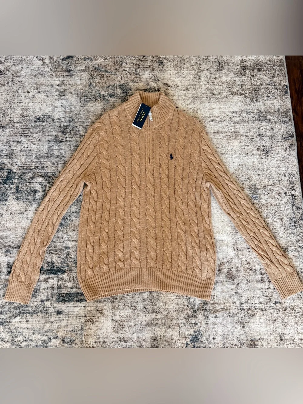 NWT Polo Ralph Lauren Cable-Knit Cotton Quarter-Zip Sweater Camel Melange M - Picture 2 of 11